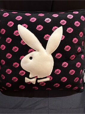 PLAYBOY Black Square Accent Pillow with Pink Kiss Print and White Bunny (2009)